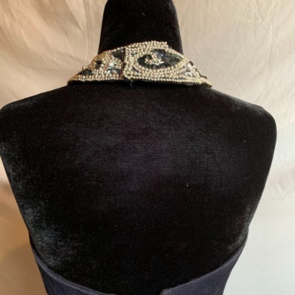 Navy Blue Beaded Halter Evening Dress - Picture 5 of 6